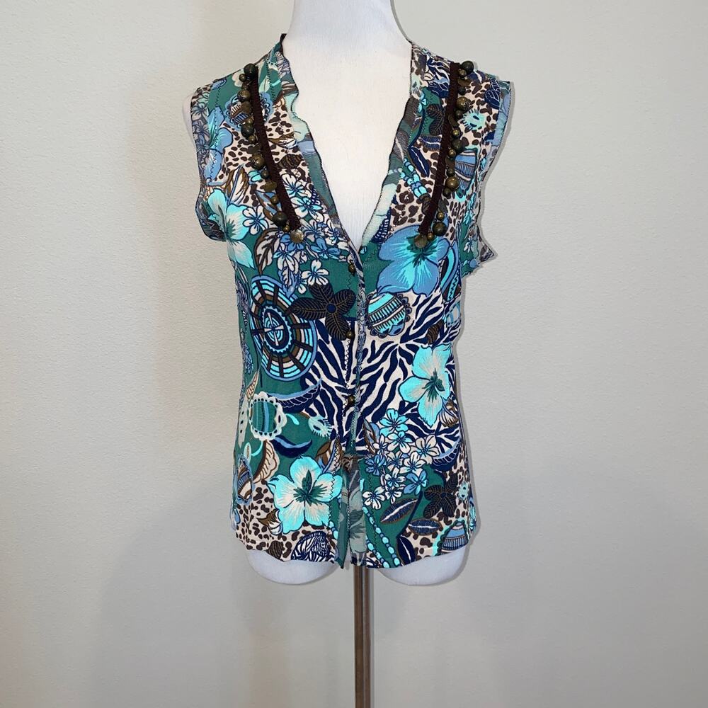 Bruno Manetti Sleeveless Floral Knit Beaded Blouse Size S/M